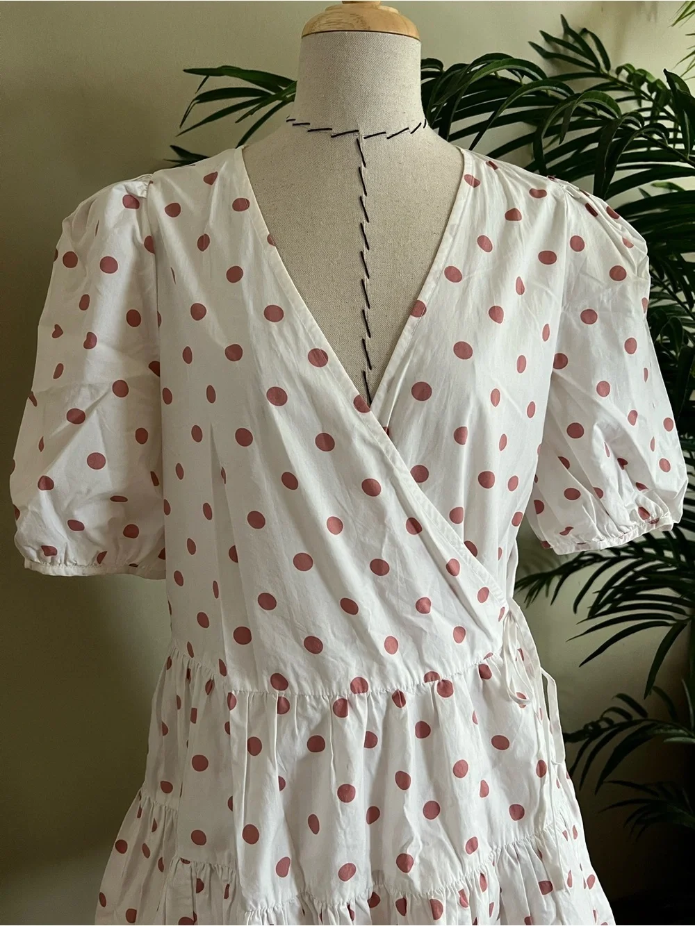 Flowy White Pink Polka Dot Wrap Mini Dress with Puff Sleeves | Size S | Cotton
